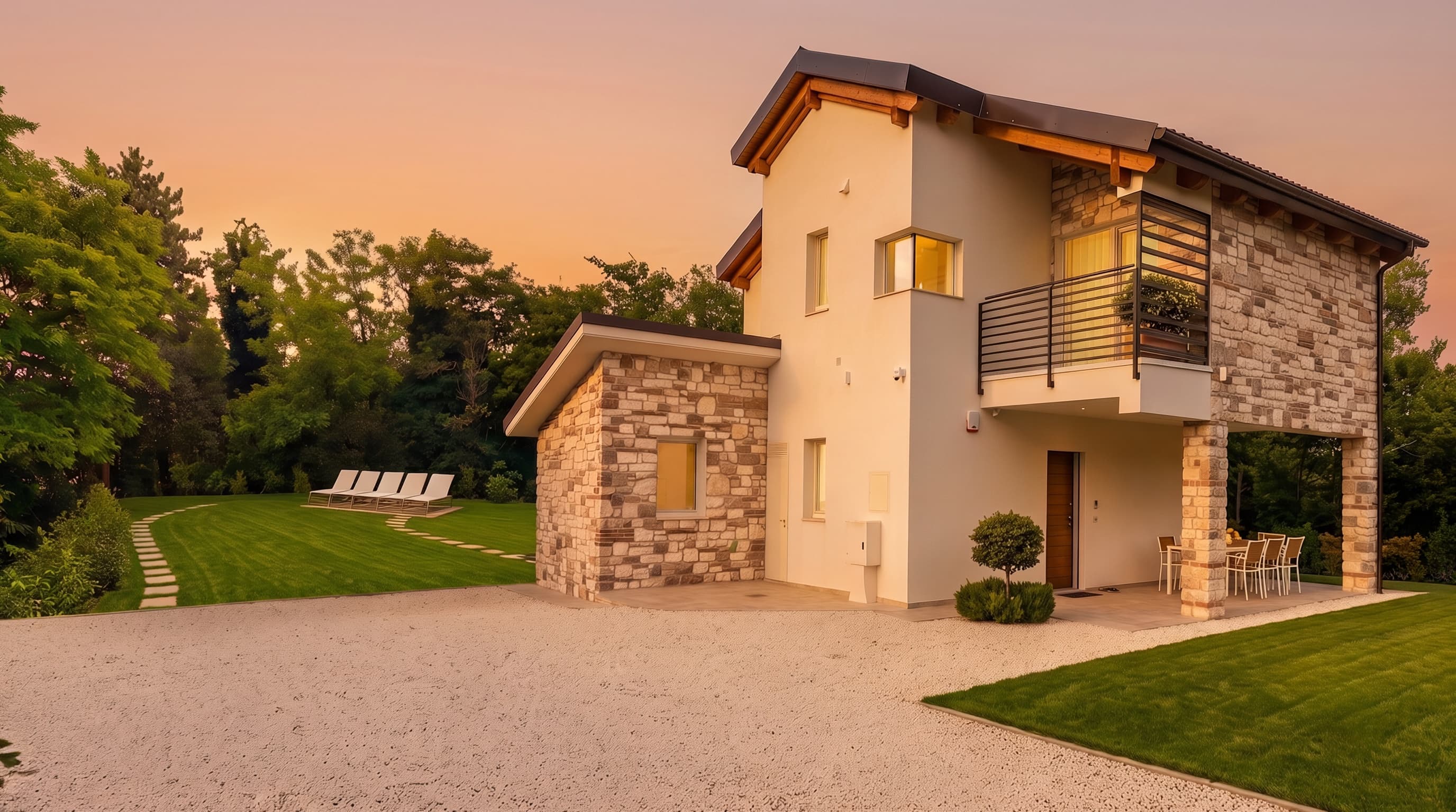 Villa Serra al tramonto, immersa nel verde dei Monti Sibillini